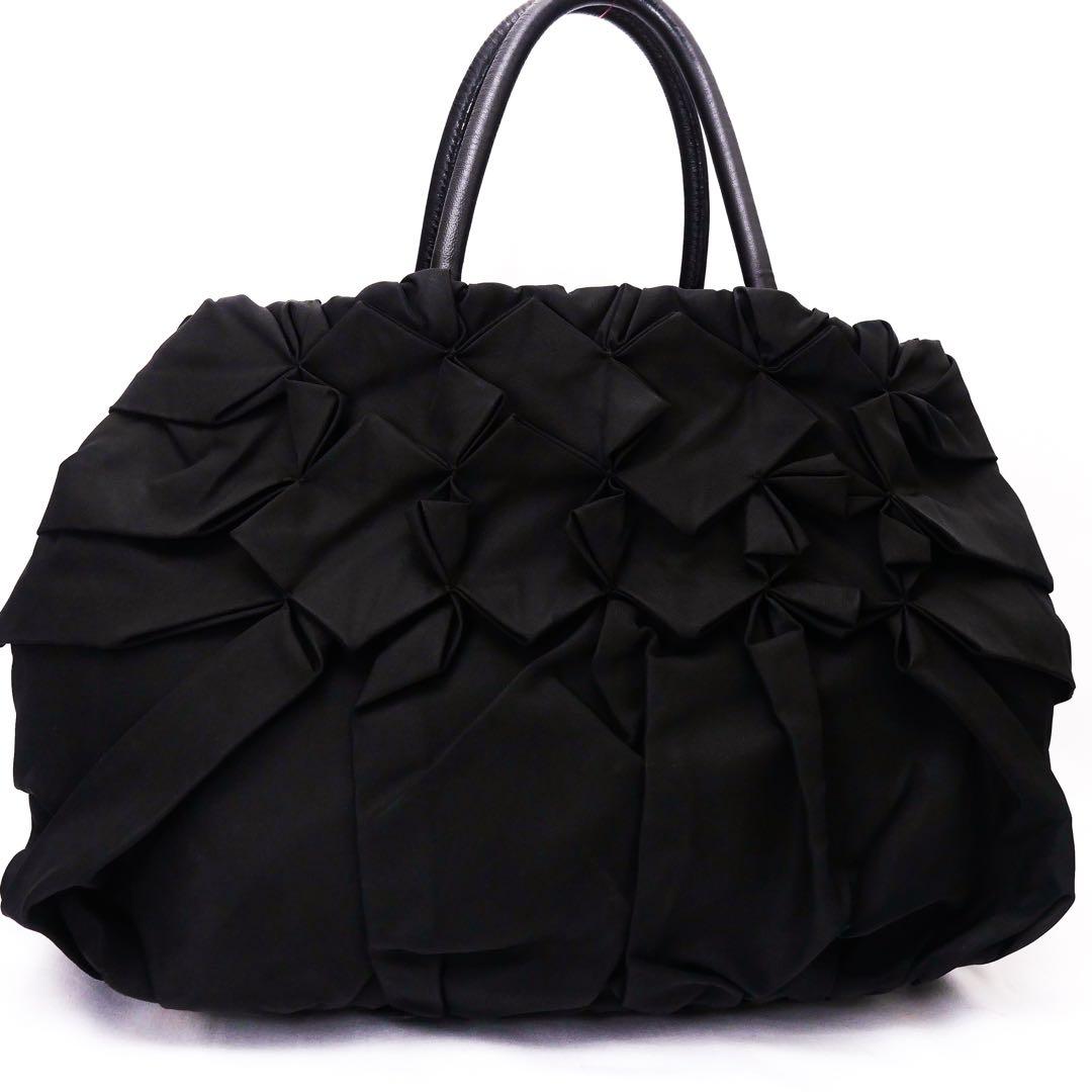 超美品 PRADA プラダ ブラック ナイロン レザー ハンドバッグ ギャザー