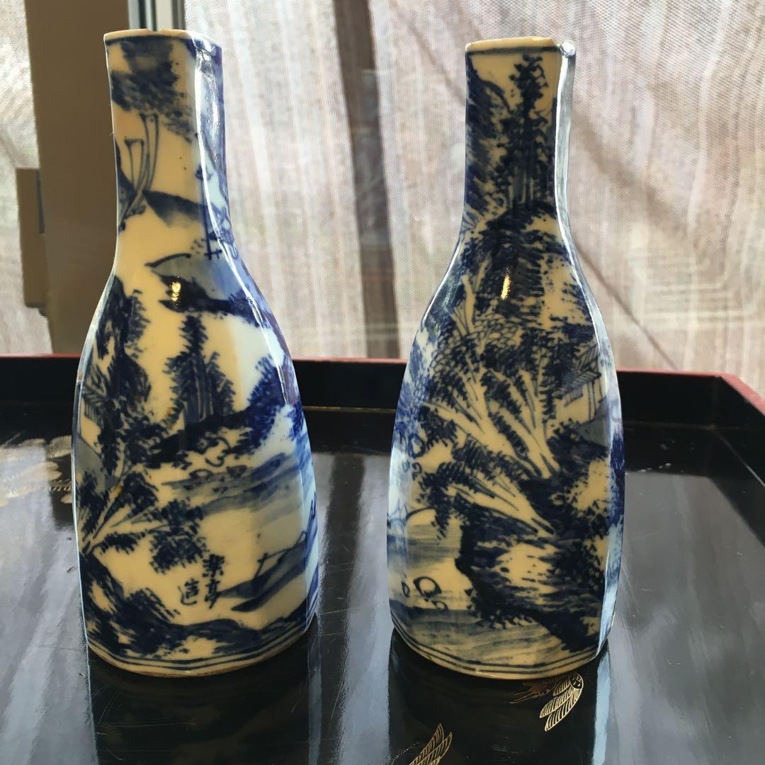 京焼　染付山水図　徳利　楽亭造　白に藍色　「江戸後期」酒器　金継