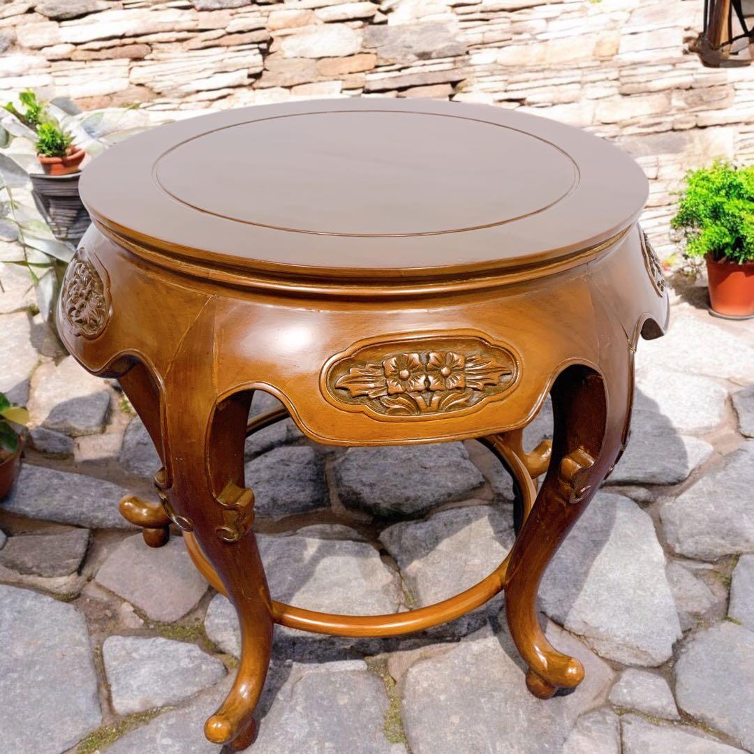 【稀少品】唐木家具 彫刻円形テーブル 猫脚センターテーブル 李朝家具 花梨