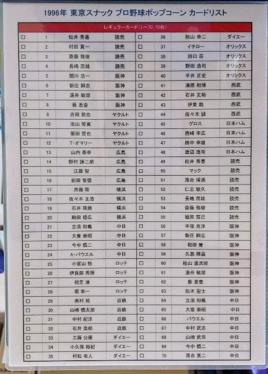 東京スナック　プロ野球　ポップコーン　カード　1996年