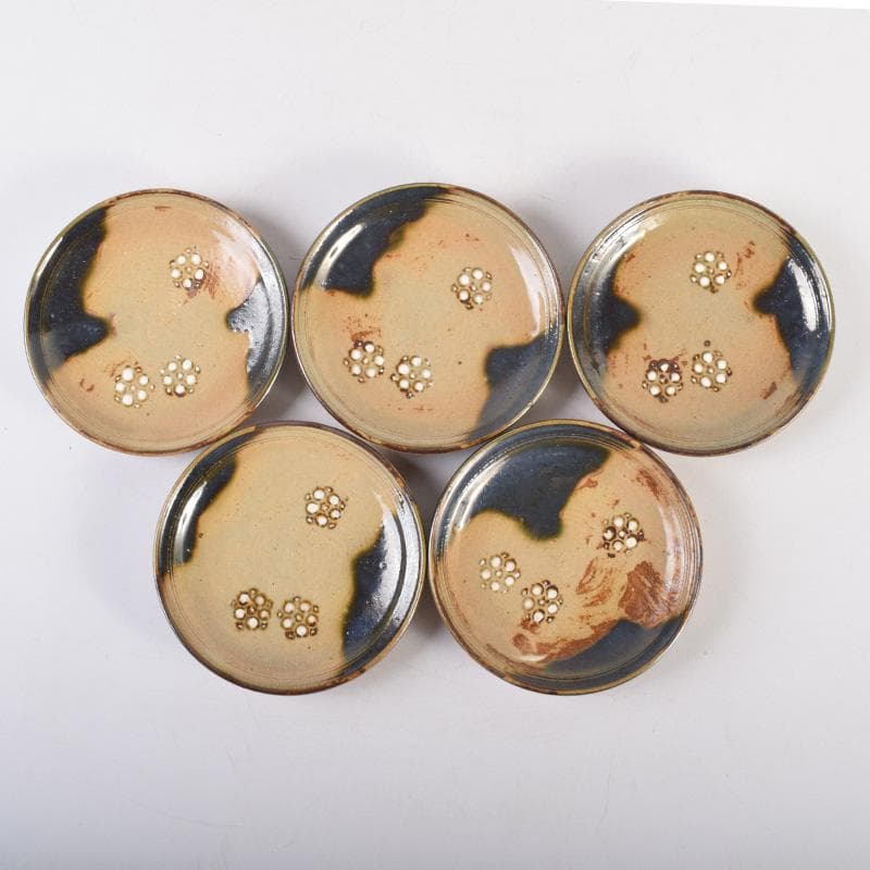 和食器　竹里庵　葵窯　加藤春二作　織部　花文　銘々皿　五客　共箱　C　8322