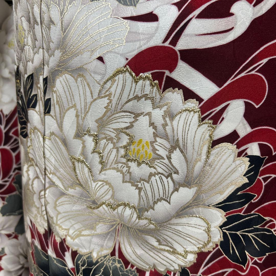 エンジと黒の染め分け牡丹と菊の振袖フルセット