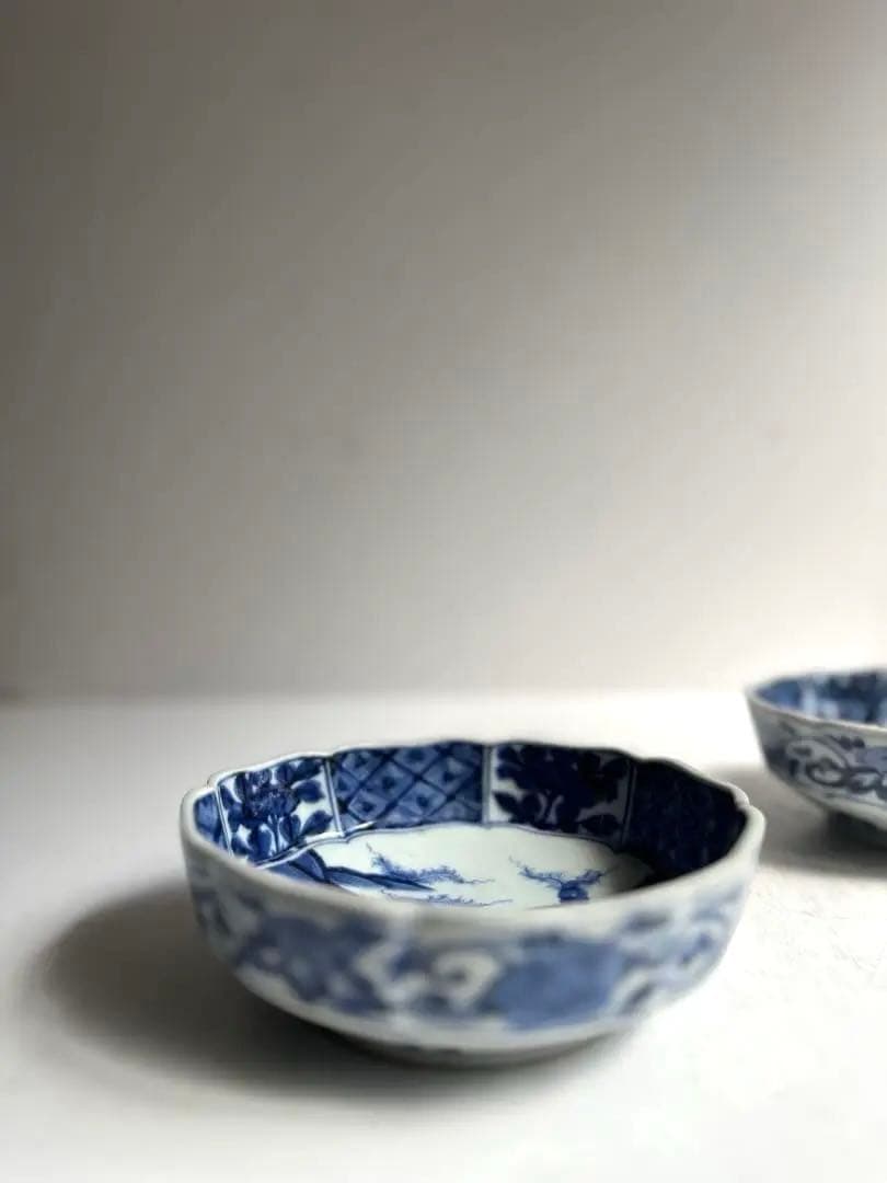 424 骨董 アンティーク 古伊万里 成化年製 染付 5寸輪花皿 2点組 幕末