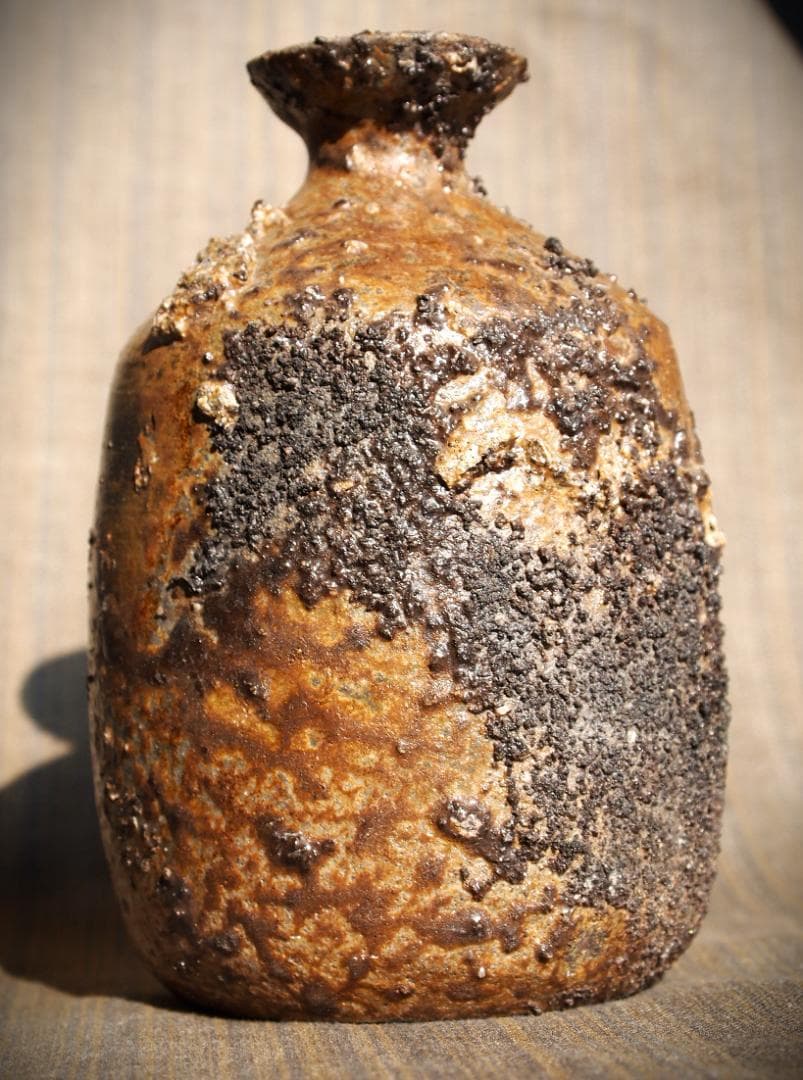 最上作★難波正巳★備前灰被り徳利★共箱★かせ胡麻