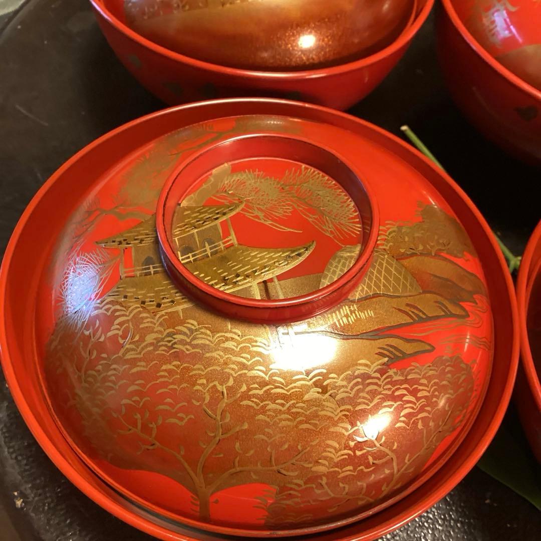 A902木製輪島塗　懐石道具　赤　古典風景蒔絵　　『塗師銘仁左衛門』　５客