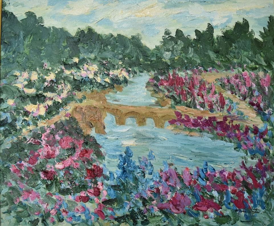 春の喜び、川流れる　20号大作　洋画家　無所属・岩田紀子　肉筆真作保証