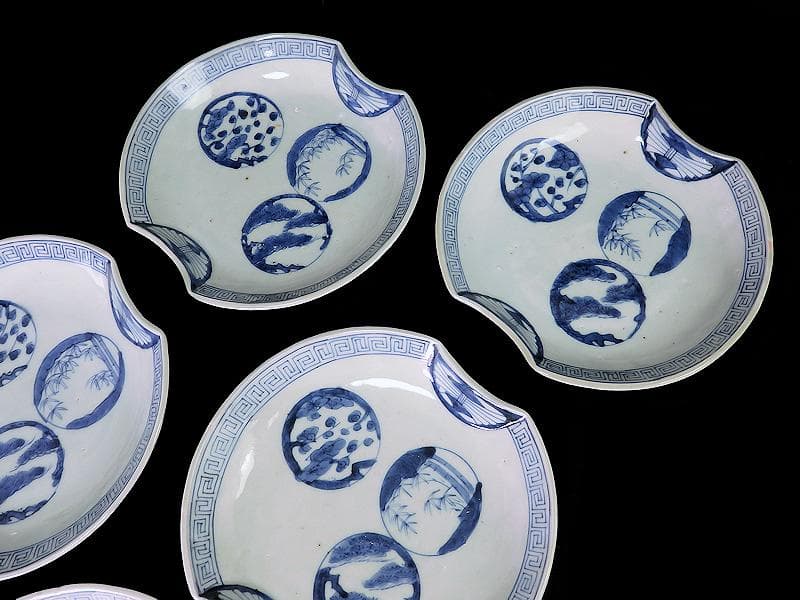 古伊万里　染付 丸紋に松竹梅の図　分銅型６寸皿　５枚　E674AS-CQl