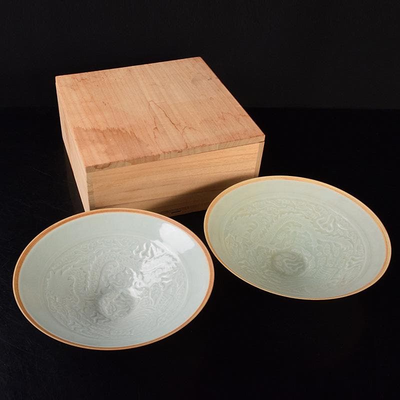 中国　影青　青白釉　陽刻　鳳凰雲龍文　鉢　2点　時代箱付　C　R7794