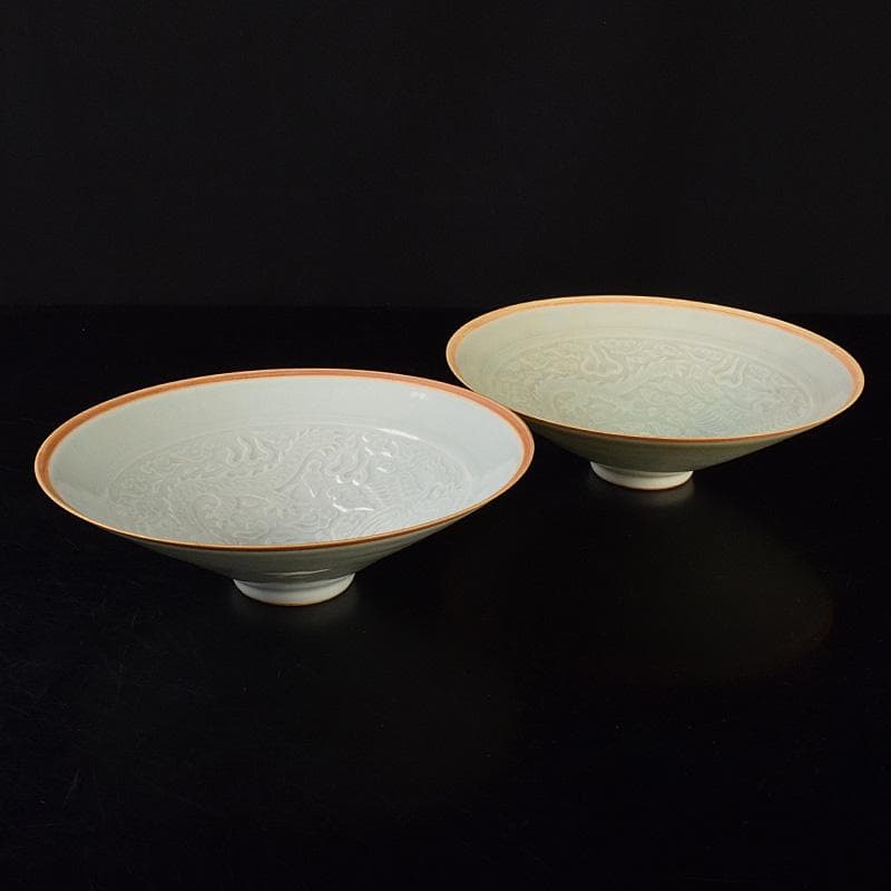 中国　影青　青白釉　陽刻　鳳凰雲龍文　鉢　2点　時代箱付　C　R7794