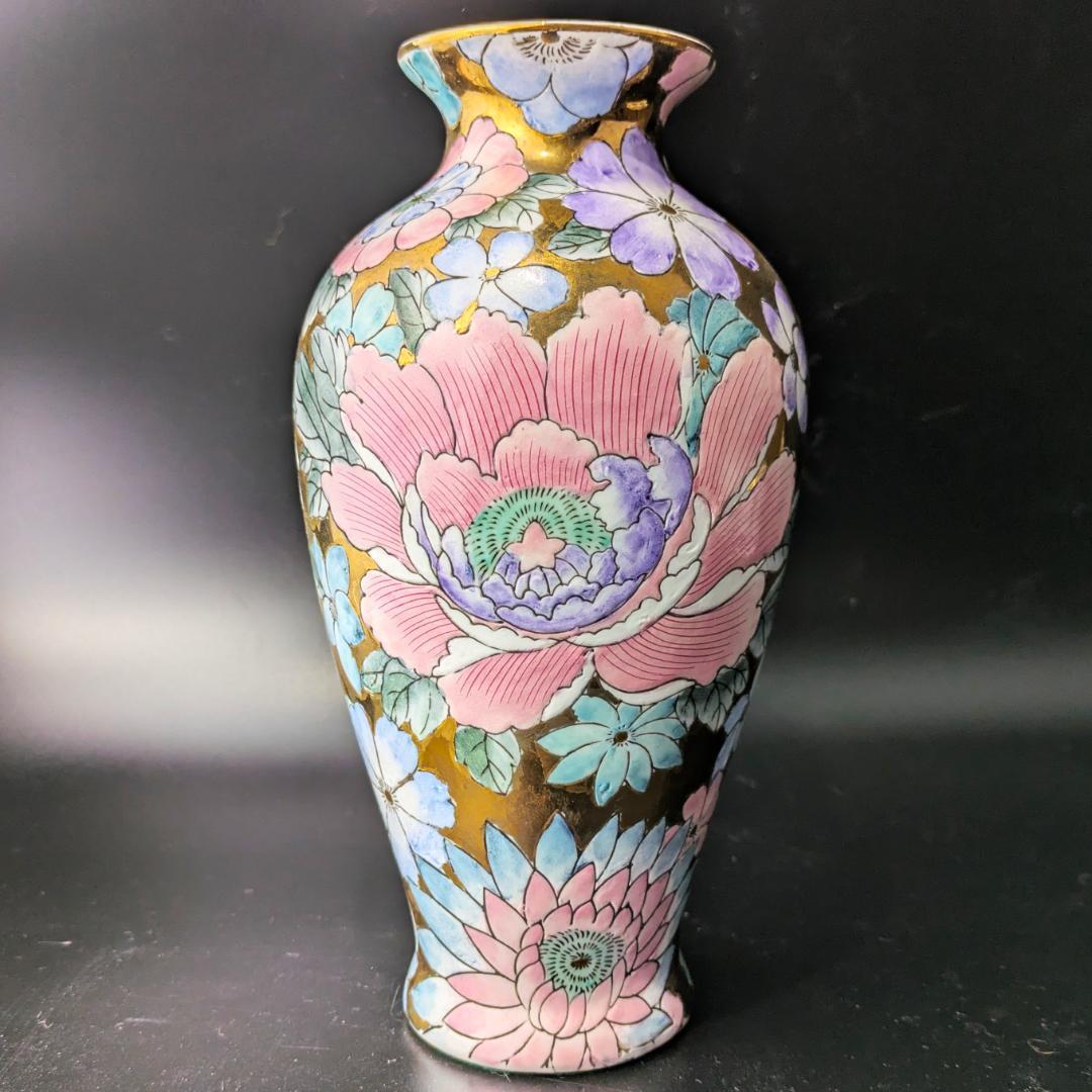 【豪華金彩に淡い色彩の牡丹桔梗】 花瓶＆飾皿セット 金彩手彩牡丹花文様