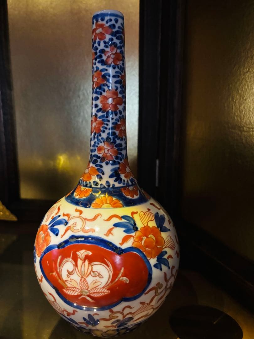 古伊万里　色絵　鶴首　赤絵草花図　徳利　花入　花器 花瓶 花生 古美術