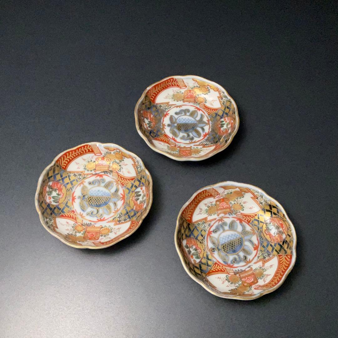 伊万里金襴手花に鳥籠図手塩皿3枚∅8㎝　骨董　古伊万里　通り文　R1357ダF
