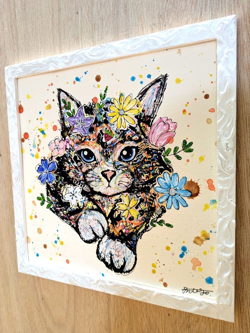 スイカ大サイズ✨手作り額付き作品「へい！お待ちニャンコ」