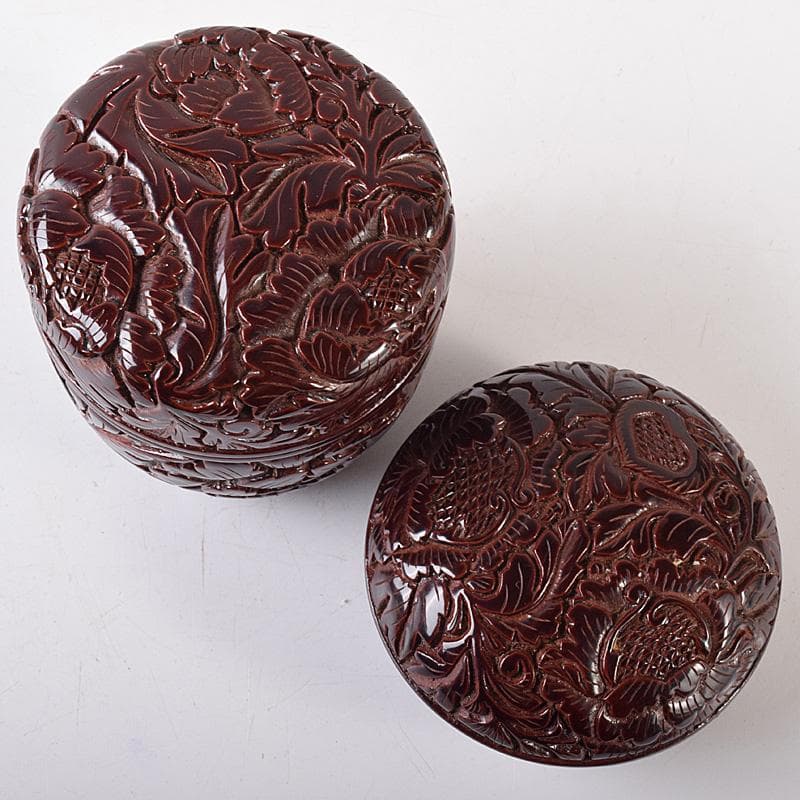 無形文化財　三野原晃一作　村上堆朱　牡丹文　棗　香合　共箱　2点　M　R8069