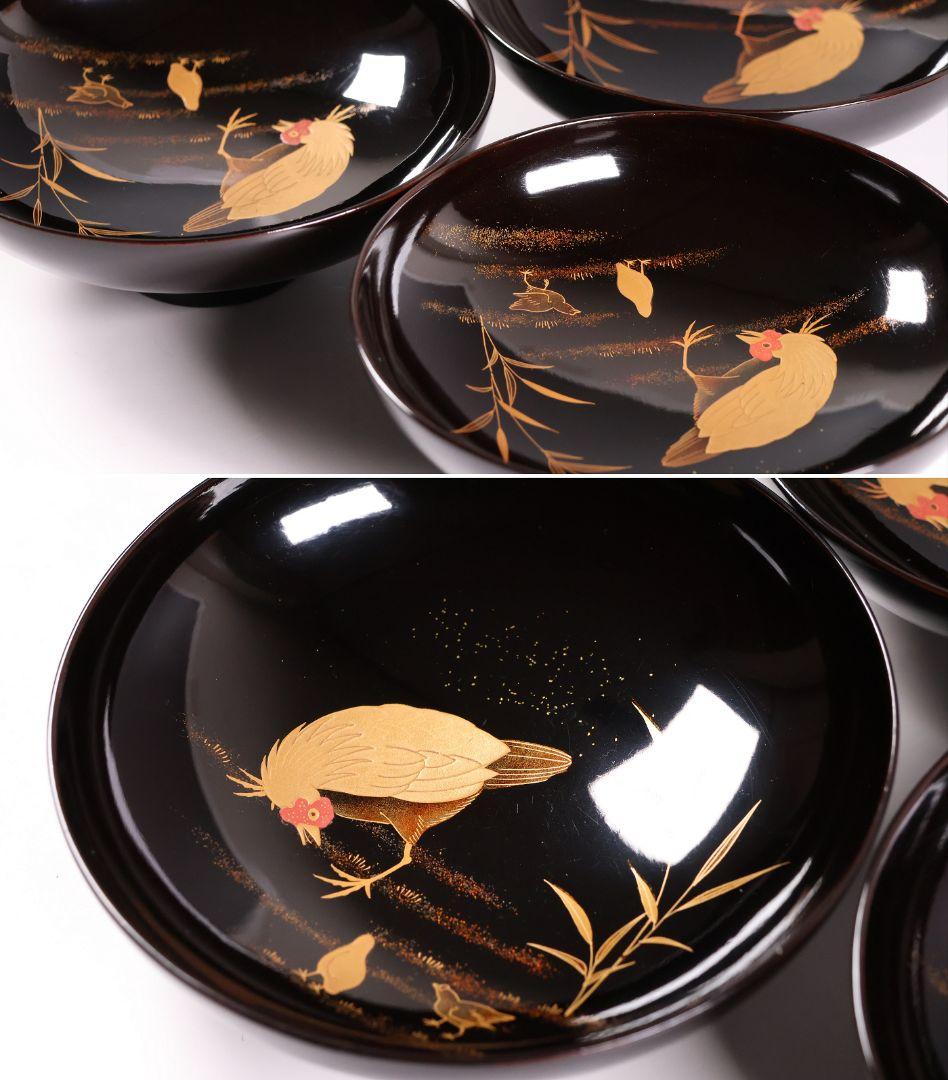 【CM353】時代蒔絵椀 竹に鶏金蒔絵 平椀三客 木製 /(検) 輪島塗加賀能登