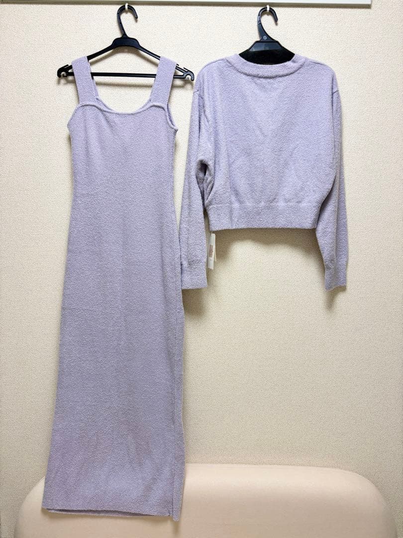 ラベンダー ノースリーブニットワンピース カーディガン付き