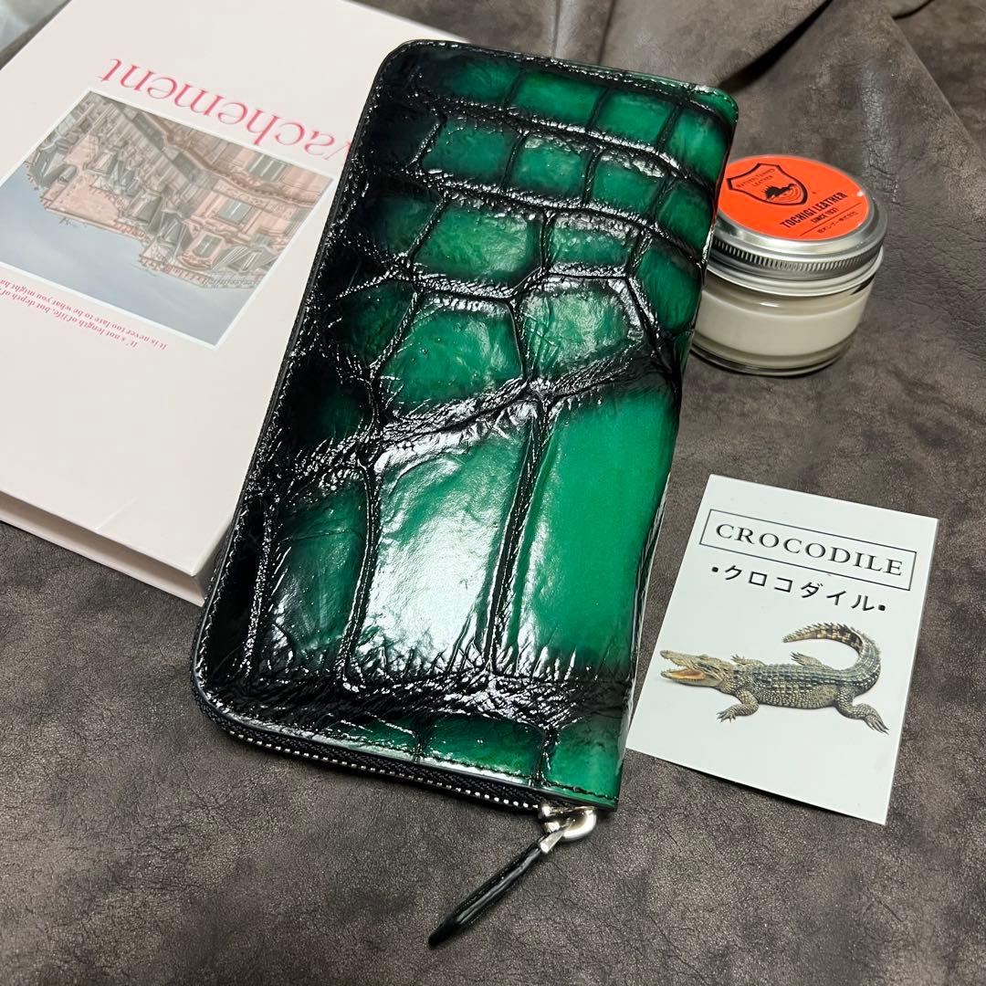 実物一枚革　クロコダイル　ラウンドファスナー 本革　手染め手作り　長財布　人気