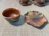 織部焼「織部流し」　（茶菓揃　彩堂窯彩杢作）