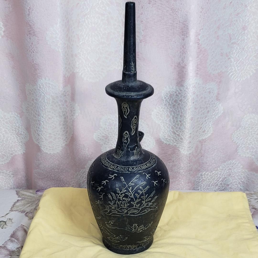 ◆『高麗銀象嵌蒲柳水鳥紋浄瓶』水瓶 銅瓶◆検）新羅仏 百済仏 仏像 天平仏 空海