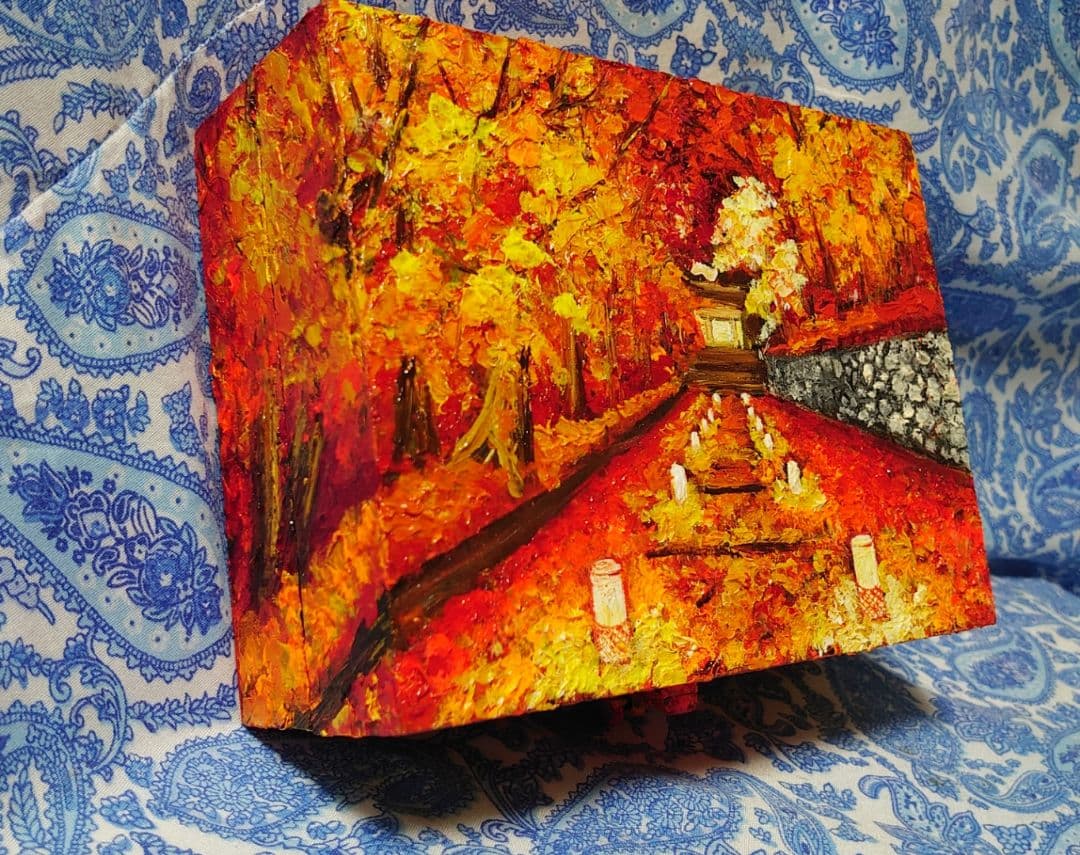 北欧風 油絵 絵画「紅葉ボックス」モダンアート 玄関やリビングに映える 秋の風景