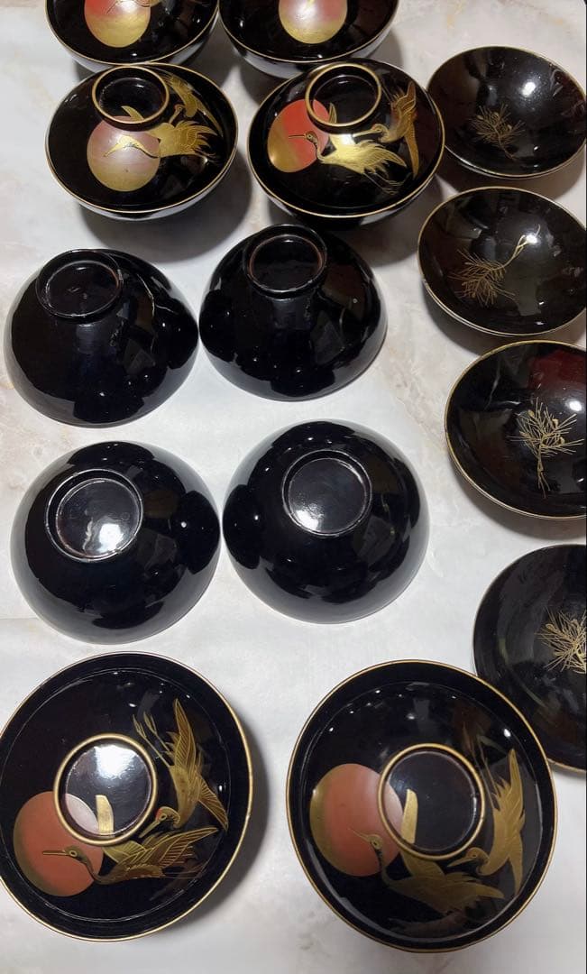 アンティーク　明治時代 鶴　金蒔絵　細工 漆器 吸物　吸物椀 蒔絵　希少　10客