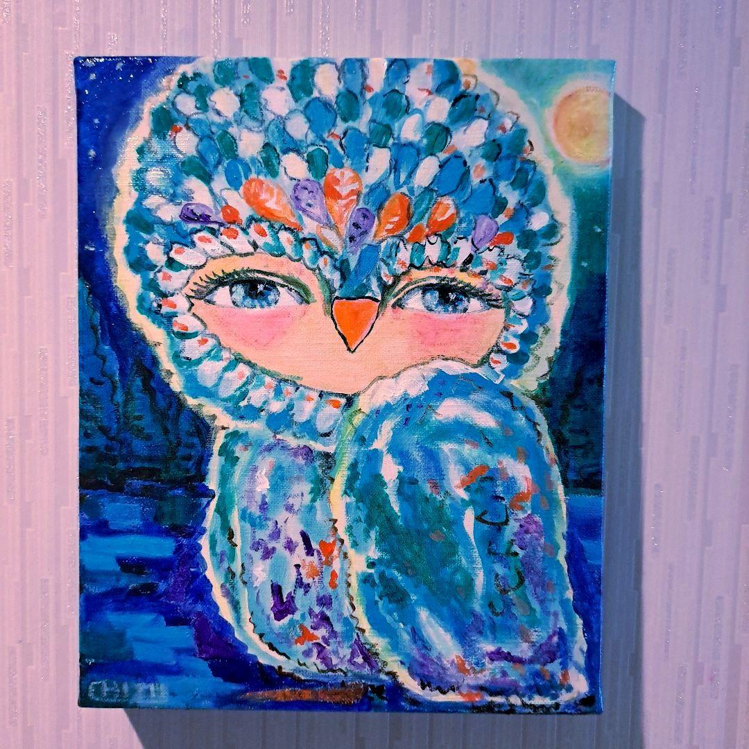 キャンバス油絵　専用　世界のカラフルなふくろう　とっても明るい月夜