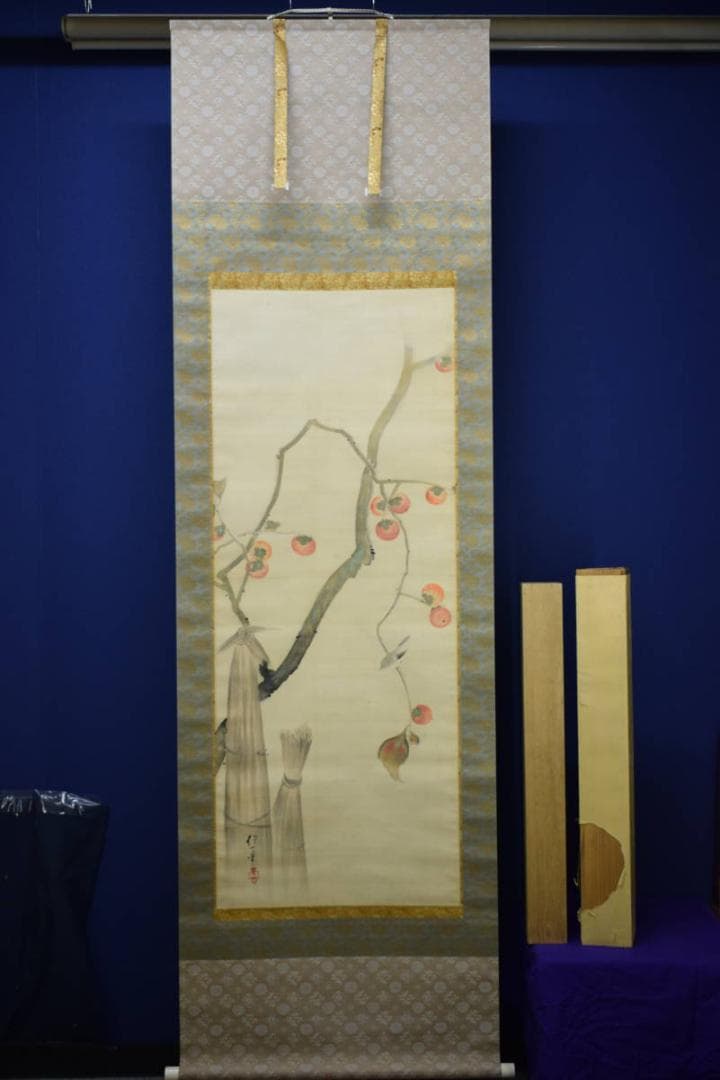 模写/酒井抱一/柿に鴬図/金襴表装/梅荘の桐極二重箱付/布袋屋掛軸HH-904