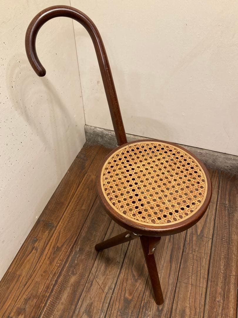 希少 秋田木工 折り畳み ステッキチェア 曲木椅子 籐張 ヴィンテージ 古道具