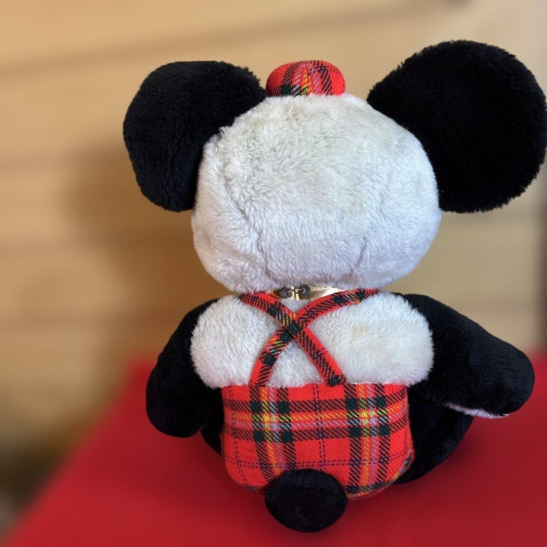 昭和レトロ　パンダぬいぐるみ 赤チェックオーバーオール