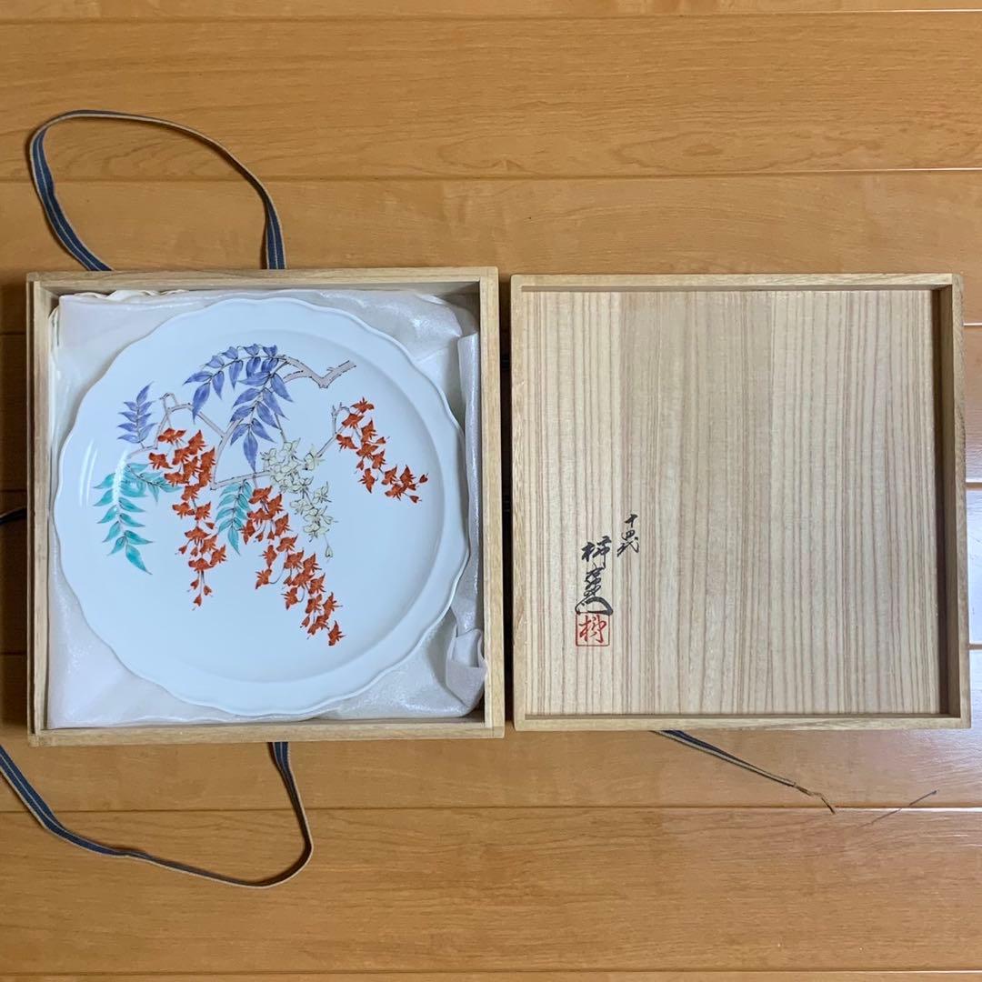 美品 人間国宝 十四代 酒井田柿右衛門 錦 藤花文額皿 木箱