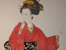 【真作】絵画　日本画6号　紅衣の佳人　美人画　上品な和装女性　W106