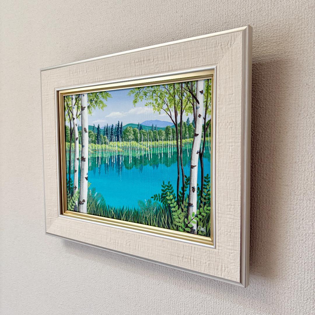 アクリル画　原画　「美瑛・青い池07」額縁付き　F4サイズ　風景画