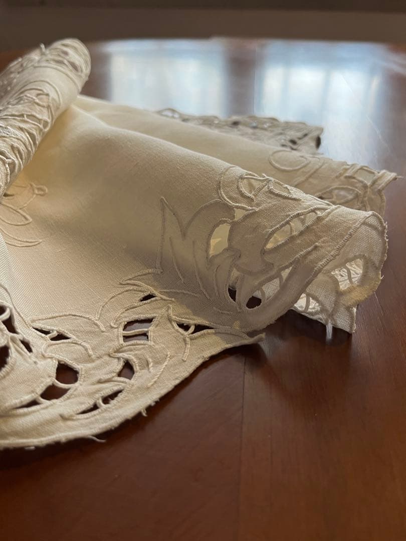 ◆フランスアンティーク｜希少・未使用の手刺繍センタークロス、レース長方形、ロング