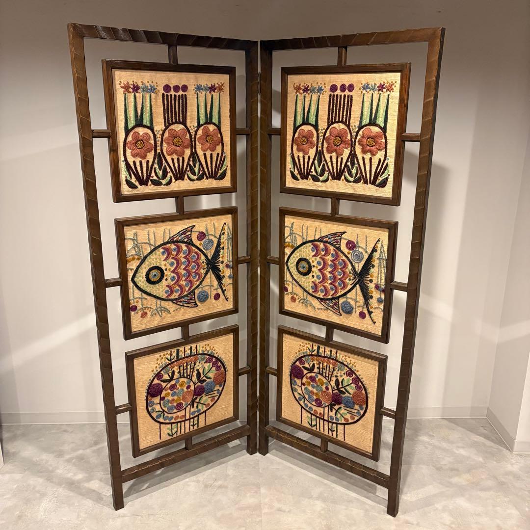 幾何学模様　アートパネル　衝立　アート　レトロ　刺繍