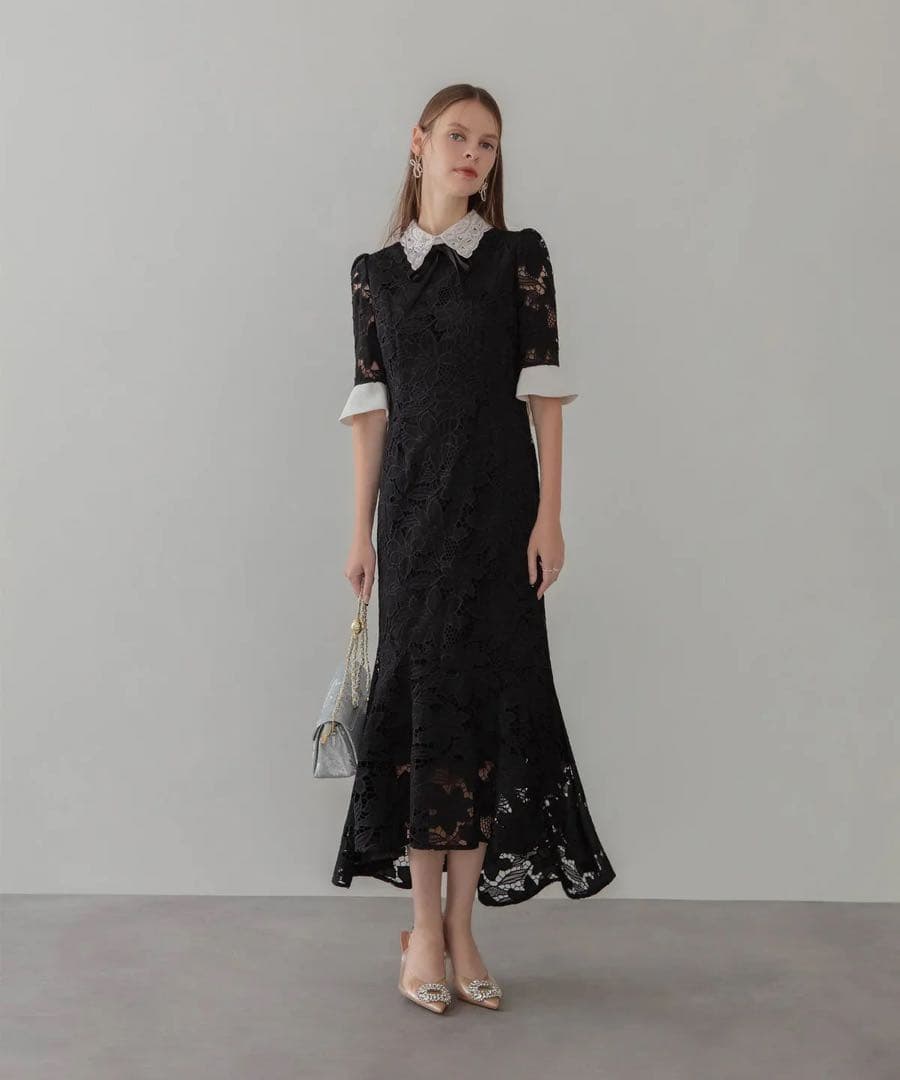 パールカラーボウタイフラワーレースフィッシュテールワンピースドレス S ブラック