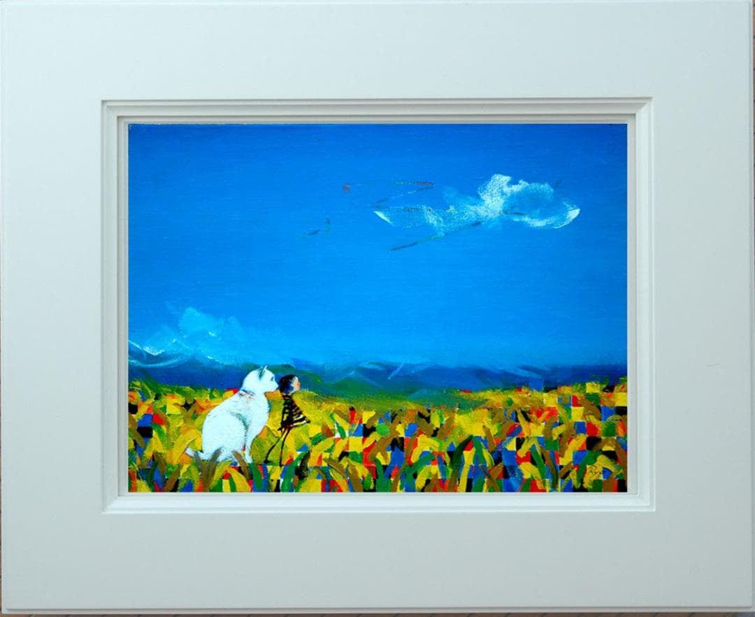 油絵 菅家令子 絵 絵画インテリア額付(黒) F4-072119 子犬猫と女の子