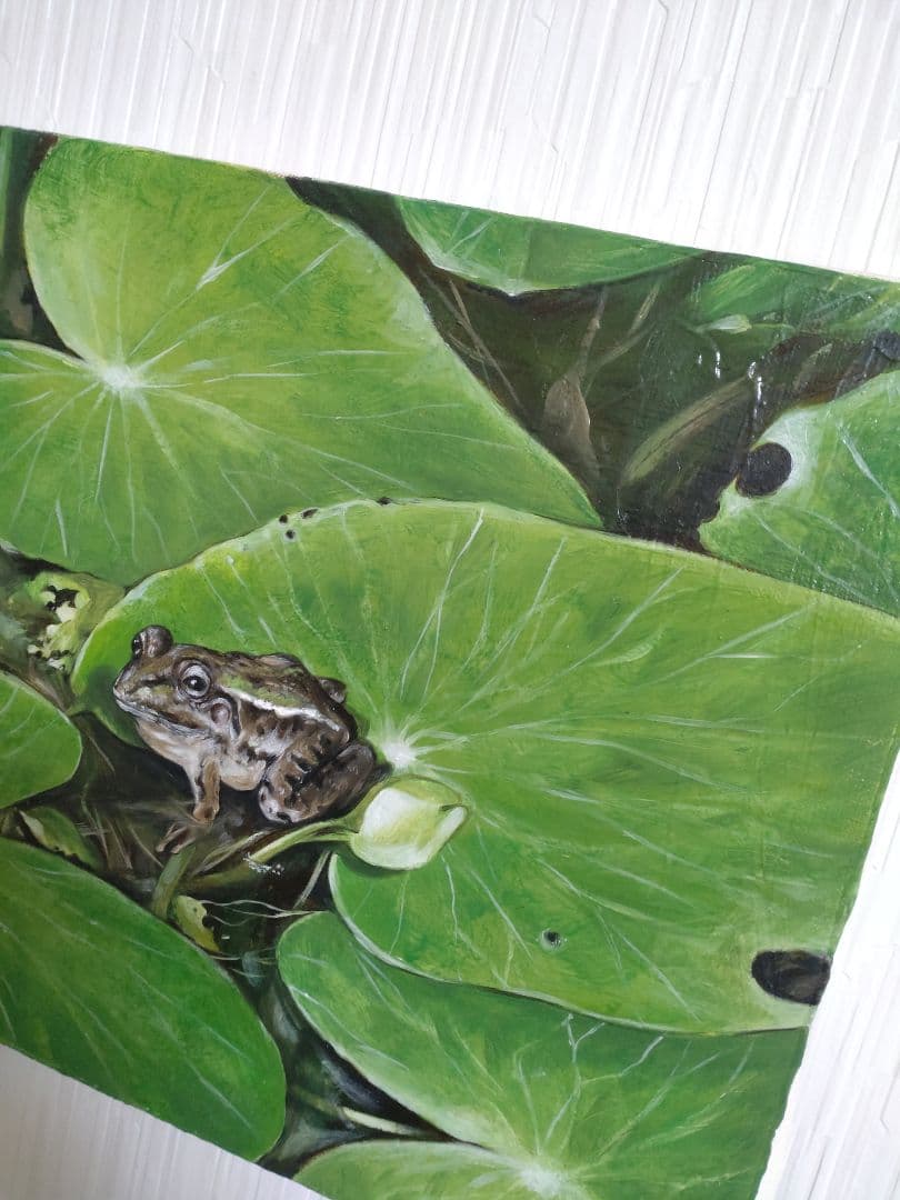 蛙の油絵【静かな一歩】1点物の原画◆作者サイン入り◆F4号キャンバス油絵