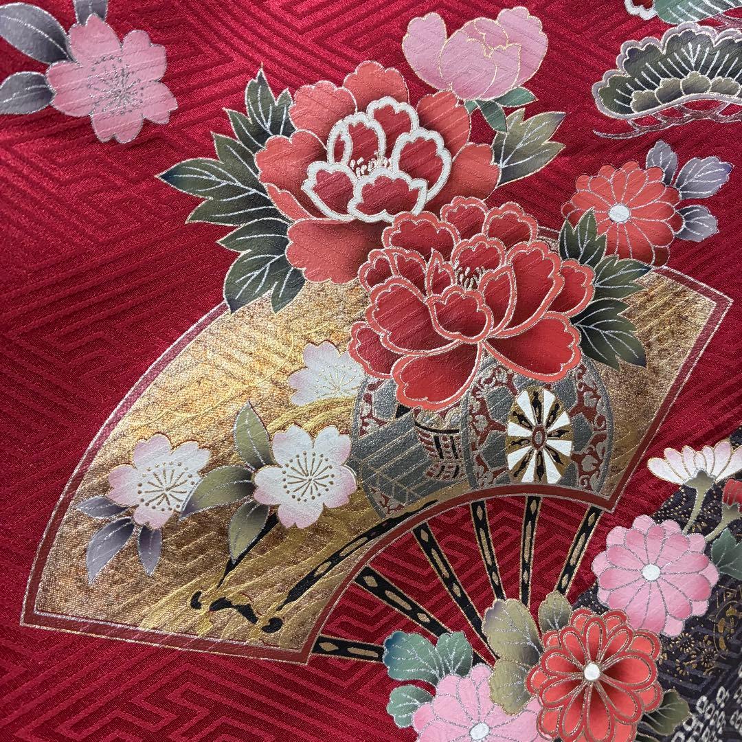 ⁂なお様⁂【振袖フルセット】 +小物・肌襦袢セット 赤 扇花柄 金駒刺繍