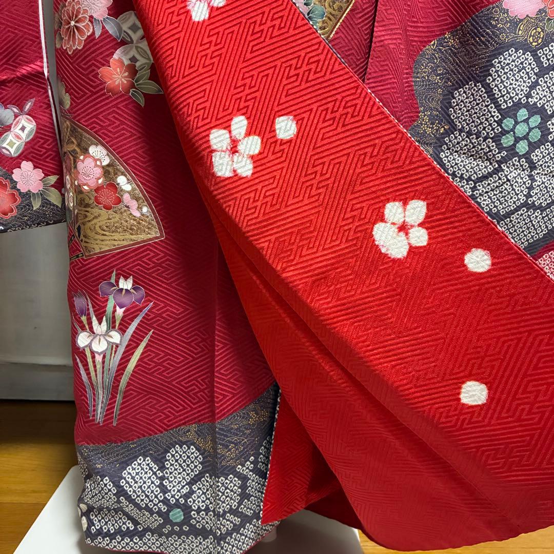 ⁂なお様⁂【振袖フルセット】 +小物・肌襦袢セット 赤 扇花柄 金駒刺繍