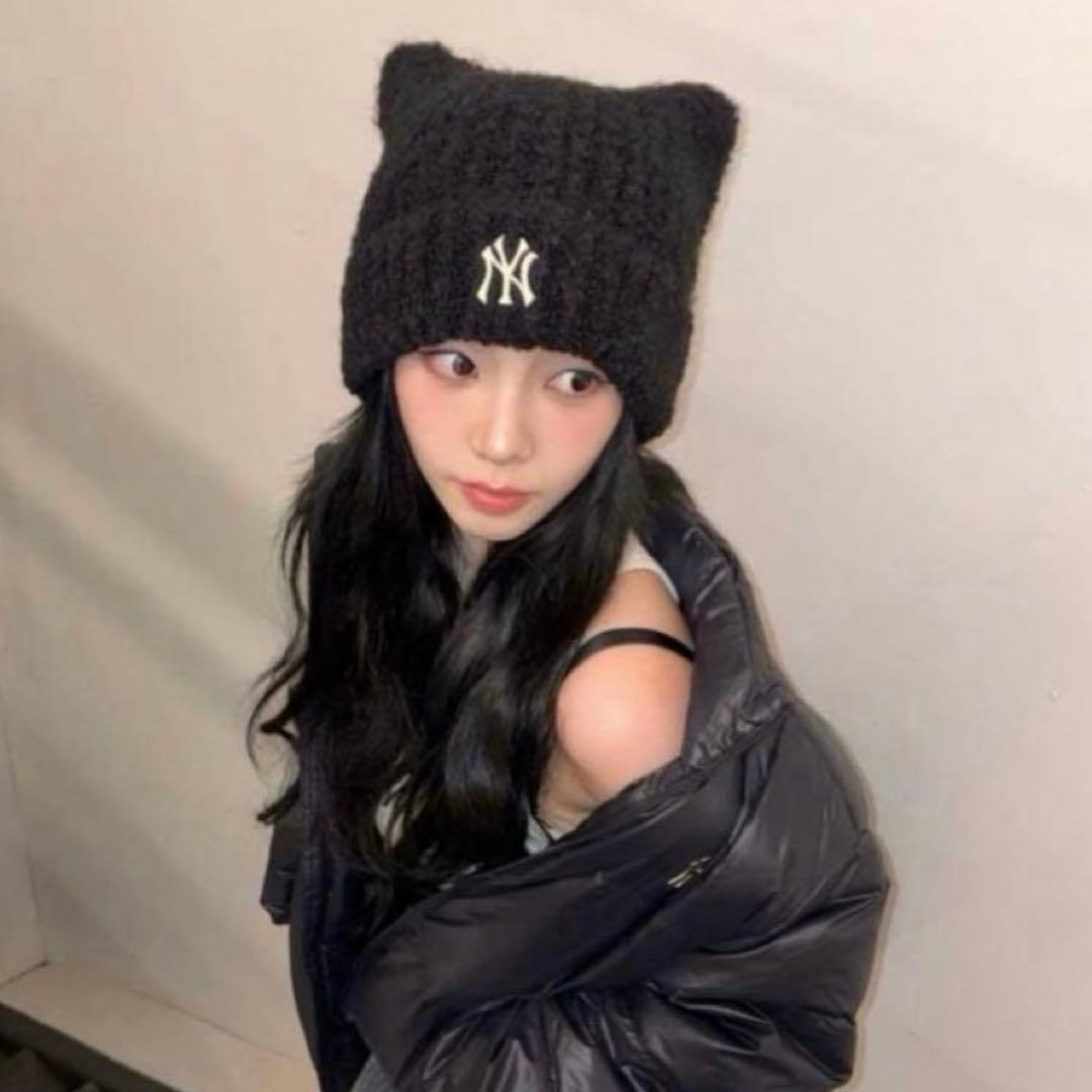 ラスト1点！カリナ着用✨韓国限定　MLB KOREA 猫耳　ニット帽　ブラック