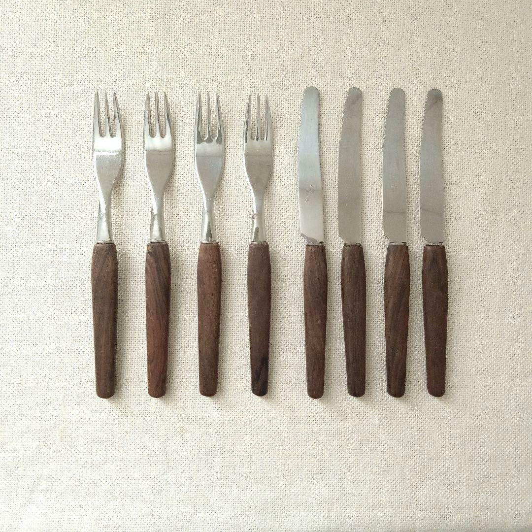 ドイツ・ゾーリンゲン／チークハンドルのフォーク＆ナイフ 8本セット／ヴィンテージ