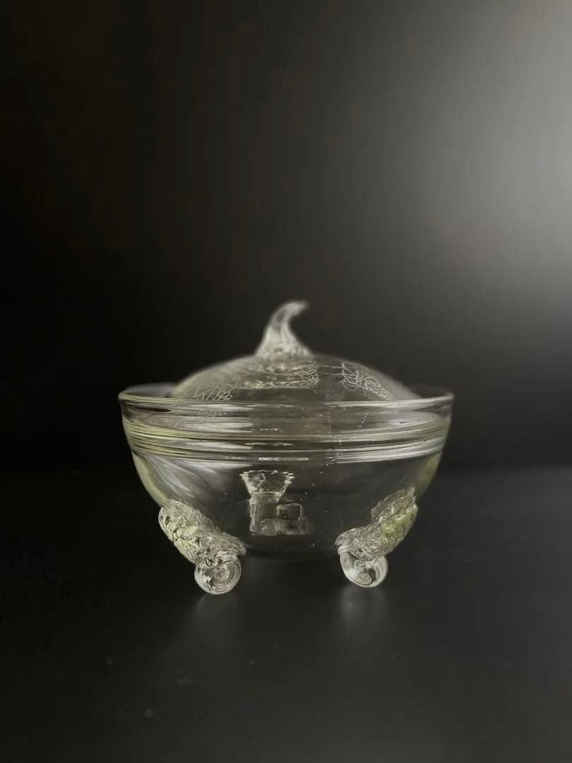 669 骨董 アンティーク 和ガラスの蓋物 菓子器 三つ脚 エッチング 大正期