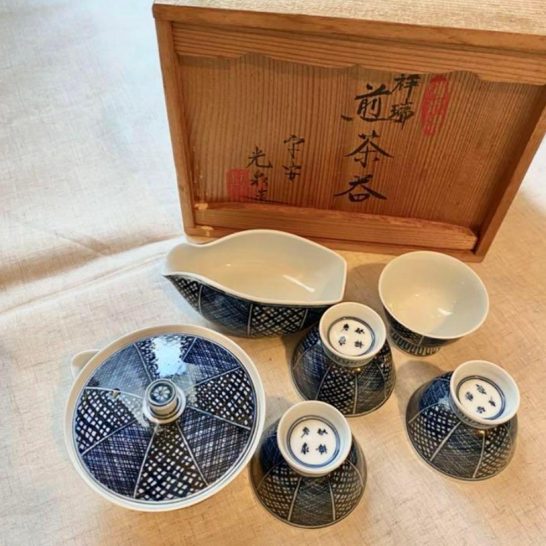 清水焼　光泉　祥瑞　茶器　染付　共箱　木箱