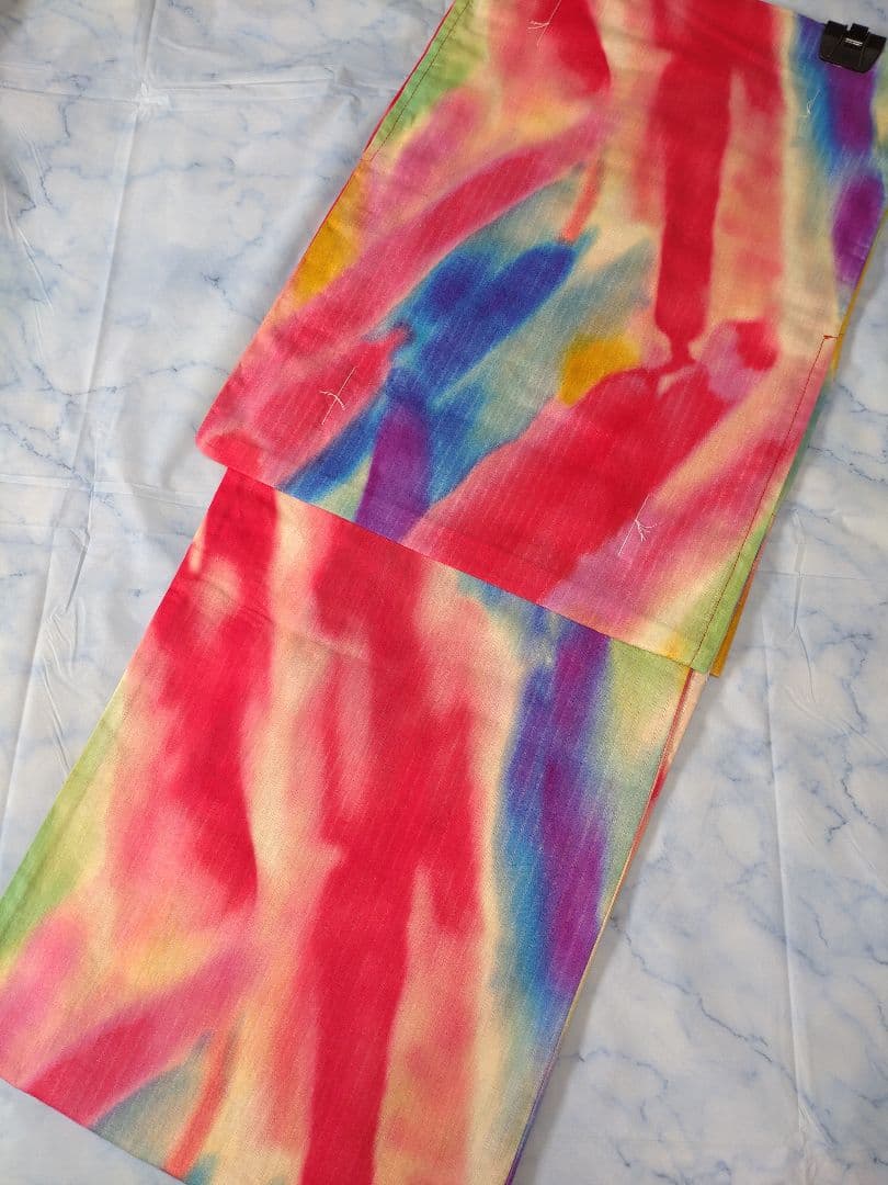 新品未使用　浴衣　カラフル　綿麻　ふくれ織の半幅帯　白とイエロー　2点セット