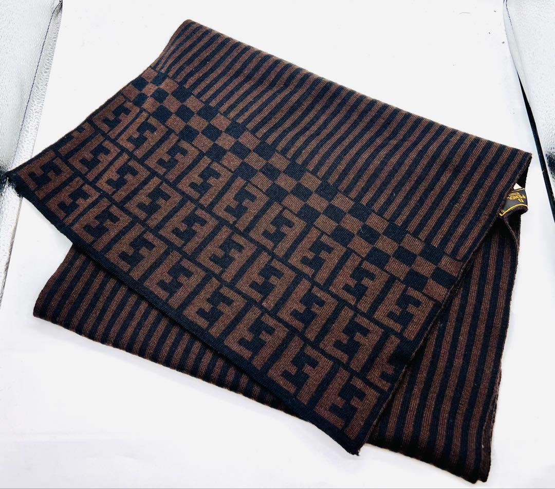FENDI フェンディ ズッカ柄 ストライプ マフラー ウール100% 保管品