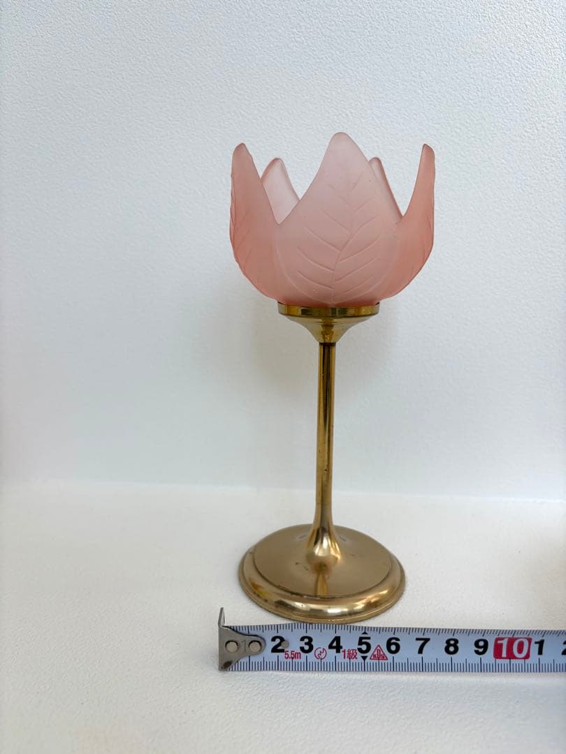 ピンクガラスキャンドルホルダー　チューリップ　ヴィンテージ　フラワーベース