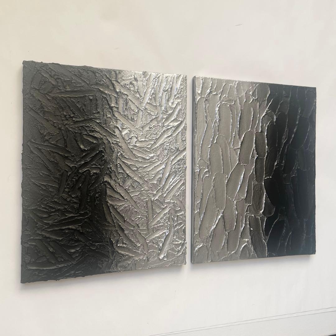黒と銀の抽象画 二枚組｜F3サイズ｜ストリートアート　テクスチャーアート　絵画