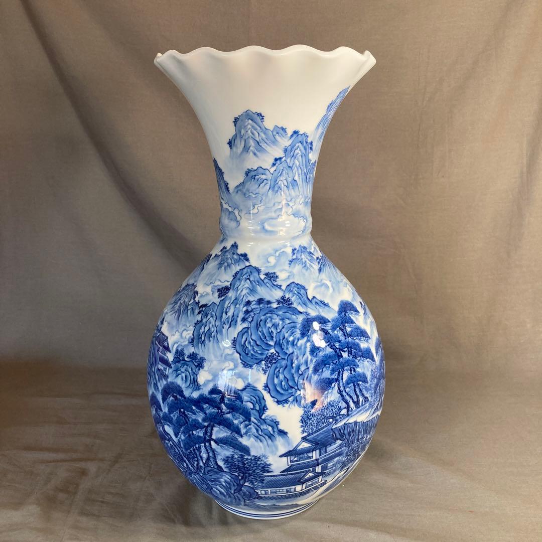 【彌左衛門】古伊万里の伝統　日本の名窯　松本彌左衛門作　染付廻り山水絵　大花瓶
