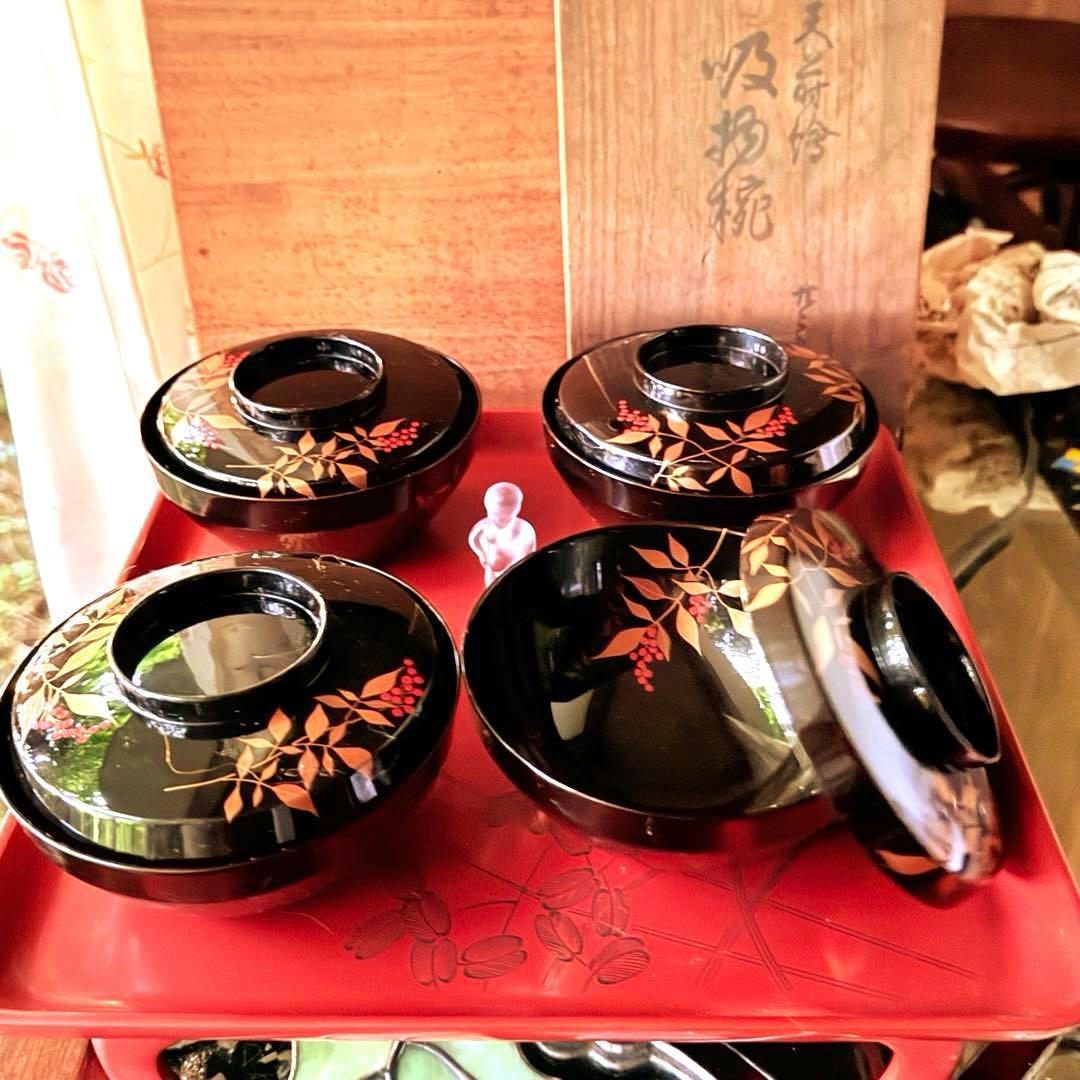 2192様感謝‼️JAPAN赤い実の南天蒔絵　明治32年‼️高台のない吸物椀 5客
