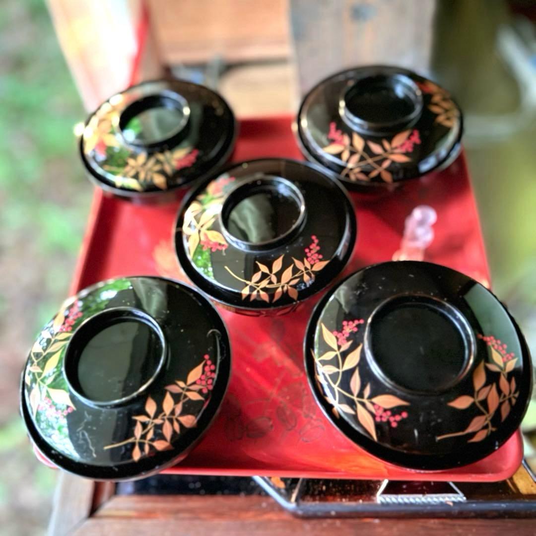 2192様感謝‼️JAPAN赤い実の南天蒔絵　明治32年‼️高台のない吸物椀 5客